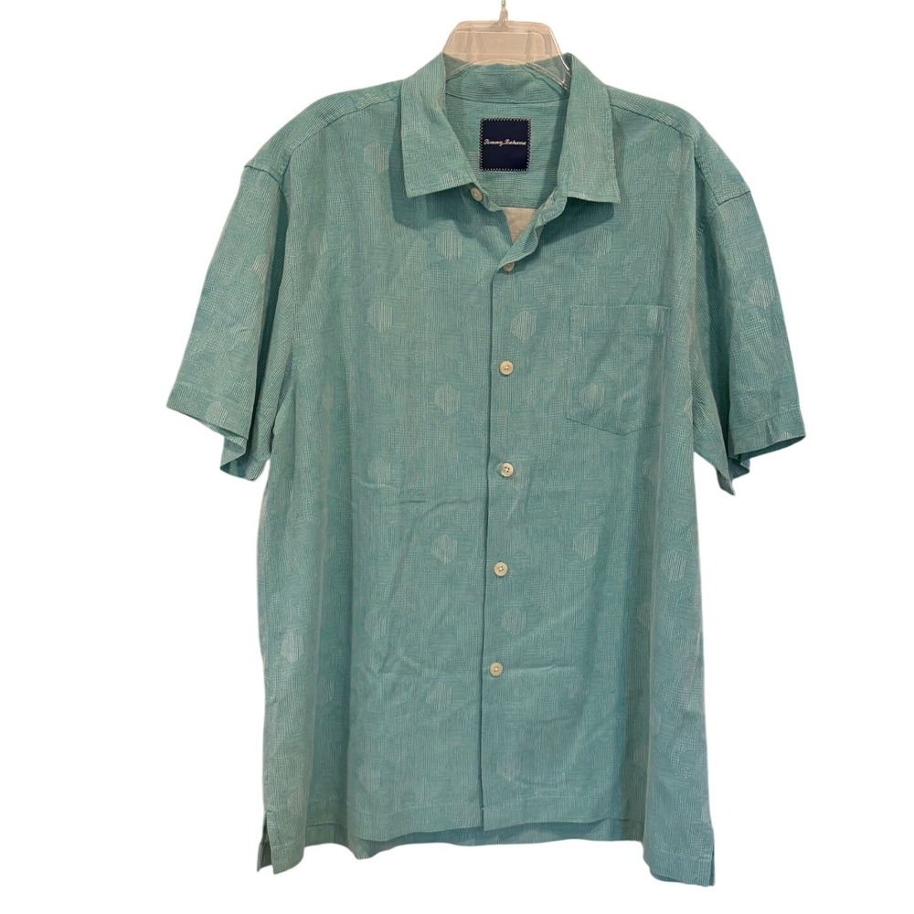 Tommy Bahama Mens XL Silk Button Front Shirt Teal Geometric Jacquard Camp Logo
